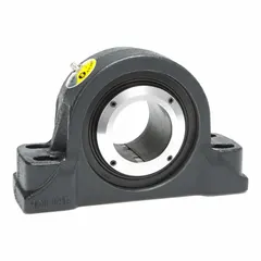 This fixed pillow block bearing features a spherical E roller bearing and a cast iron housing with four mounting holes. Designed for supporting rotating shafts, it accommodates radial and moderate thrust loads at speeds up to 1,600 RPM. The mounting bolt size is 5/8 in.