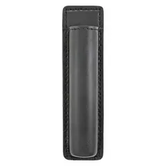 This duty equipment pouch is constructed from synthetic leather with a plain finish. It measures 7 3/4 inches by 2 1/4 inches and features an open closure. Suitable for carrying a flashlight or baton on a belt for quick access.