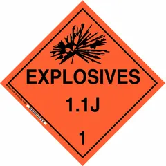 This BRADY placard measures 10 3/4 in x 10 3/4 in and displays the message 'Explosives 1.1 J 1'. It is used for identifying Class 1 explosives on shipping containers and transport vehicles to comply with DOT hazard communication regulations.