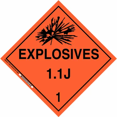 BRADY 63307 DOT Placard, Explosives 1.1 J 1, 10 3/4 in x 10 3/4 in - Class 1: Explosives