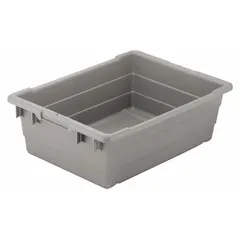 This plastic tote is designed for cross-stacking and nesting applications, allowing stable stacking when loaded and space-saving nesting when empty. With a 9.4-gallon capacity and external dimensions of 25 in x 16 in x 8 1/2 in, it is suitable for organizing and transporting parts in industrial environments. Lid not included.