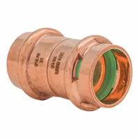 This press coupling joins two 3/4 in CTS copper tubes in plumbing systems. Made of copper or bronze, it includes a seal window for visual leak verification. Suitable for water supply lines in residential, commercial, and industrial applications