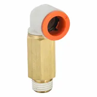 This SMC push-to-connect elbow fitting connects 1/2 in OD tubing to a 1/4 in male NPT port. Made of brass with a white finish, it provides a secure, leak-free joint in pneumatic systems. Suitable for use in automation, packaging, and material handling equipment