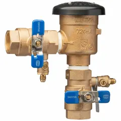 Lead-free pressure vacuum breaker for back-siphonage prevention in water systems. Features FNPT x FNPT connections and operates in temperatures from 33°F to 110°F. Suitable for commercial or industrial water lines to protect potable water supplies.