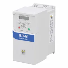Compact variable frequency drive with three-phase output voltage of 380-480V AC. Rated for 10 hp (7.5 hp with bypass). White enclosure. Suitable for speed control of three-phase AC motors in applications such as conveyors, pumps, and fans.