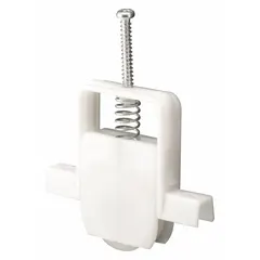 This roller assembly is designed for sliding screen doors, providing smooth operation within standard track systems. It measures 6-7/16 inches in both overall height and length, with a white unfinished finish. Supplied as a single unit.