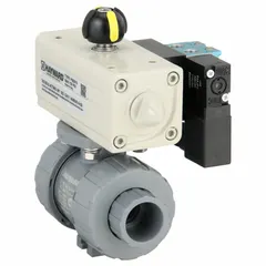 This pneumatically-actuated two-way ball valve features a 3/4 inch CPVC body with female True-Union Socket and True-Union NPT connections on both sides. The Air to Air PSD actuator includes a position indicator and an ISO 5211 mounting pad. Designed for water media, it complies with NSF/ANSI 372 standards. Typical applications include on/off flow control in industrial piping systems requiring corrosion resistance.