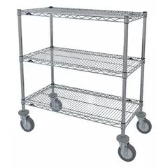 Mobile wire shelving unit for dry use with three shelves. Features a chrome finish, round steel frame, and four swivel casters with rubber wheels. Suitable for organizing and transporting dry goods in commercial or industrial environments.