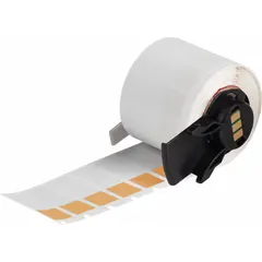Orange matte vinyl precut label roll measuring 1 1/2 in x 1/2 in, designed for wire gauges 10 AWG to 4 AWG. Compatible with BMP71 printer series and requires M7-R4300 ribbon. Used for permanent identification of cables and wires in control panels, electrical installations, and maintenance applications.