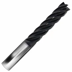 Carbide square end mill with AlCrN coating and 5-flute geometry for fast cutting of stainless steel and super alloys. Features a 1" mill diameter, 2" length of cut, and 4" overall length. Used in milling operations for high material removal rates in demanding applications.