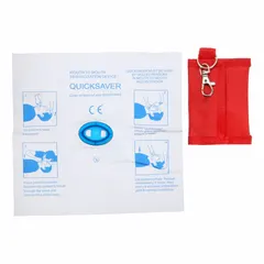 Disposable CPR face shield keychain kit for adult, child, and infant use. Includes a vinyl mesh case and pouch. Intended for emergency rescue breathing by trained responders.