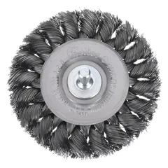 This brush features a twisted steel fill of 0.014" for aggressive cleaning and surface preparation on contoured carbon steel surfaces. With a 4" diameter and 1/2" width, it is suited for removing rust, scale, and weld splatter in metal fabrication and maintenance applications. The 1/4" shank allows for use with standard power tools.