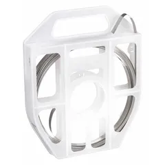 This stainless steel strapping is used for securing, bundling, and clamping in industrial applications such as pipe support, cable management, and HVAC ductwork. It features a 50 ft length, 850 lb break strength, and gray color.