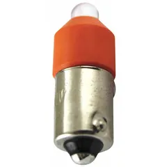 Miniature bayonet (BA9s) LED lamp with T3-1/4 tubular bulb shape. Operates on 60V AC/DC and consumes 0.63W. Emits orange light. Suitable for indicator and panel lighting applications requiring a compact, low-power light source.