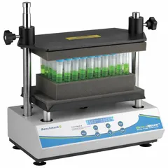 Digital control vortex mixer for processing up to 50 x 2 mL tubes simultaneously using a standard tube rack. Features a pulsing program for interval mixing. Suitable for high-throughput sample mixing in laboratory settings.