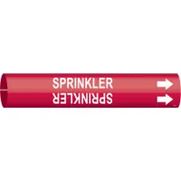 Red pipe marker with white 'Sprinkler' legend and directional arrows. Fits pipe outer diameters of 4 to 6 inches. Used to identify sprinkler piping in industrial and commercial facilities, aiding safety and compliance