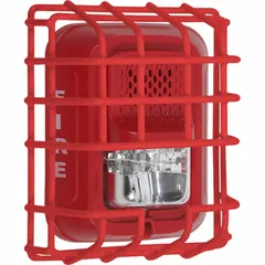Steel wire cage guard for indoor wall-mount L Series horns/strobes. Red finish, flush mount, 2 1/2 in depth by 6 5/8 in length. Includes mounting hardware; allows simple removal for maintenance.