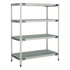 This stationary shelving unit features a 304 stainless steel frame and shelves with antimicrobial resistance properties. It includes 5 shelves, has an overall height of 74 inches, and is suitable for use in harsh environments requiring corrosion resistance and microbial control.