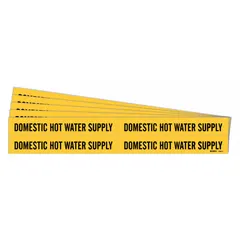 Yellow adhesive pipe marker with black legend reading 'Domestic Hot Water Supply'. Fits pipe outside diameters from 3/4 to 2-3/8 inches. Sold in packs of 5. Used to identify domestic hot water supply lines in piping systems for maintenance and operational clarity.