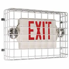 Wire guard designed to protect exit signs from impact and vandalism. Overall dimensions: 15 1/2 in height, 20 1/2 in width, 6 in depth. Compatible with STI 9640 model. Suitable for use in areas where exit signage requires physical protection.
