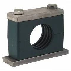 This vibration-dampening beta clamp features a 304 stainless steel clamp with a polypropylene cushion. The textured core and ribbed bore design reduce vibration and noise by preventing metal-to-metal contact. Suitable for securing and cushioning tubing or piping in industrial systems, including hydraulic, pneumatic, and process lines.