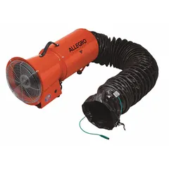 This axial blower and ducting combination unit delivers 890 cfm maximum flow in free air, powered by a 1/3 hp motor at 115 V AC. It includes a 15 ft duct with an 8 in diameter, providing ventilation for confined spaces such as tanks, vaults, and manholes to remove fumes, dust, and stale air.