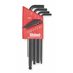 This 12-piece L-shaped hex key set features SAE sizing with a single ball end for angled access. The long length and black oxide finish provide reach and corrosion resistance. Suitable for tightening or loosening hex socket screws in maintenance and assembly tasks.