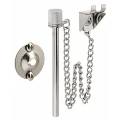 This sliding door pin from PRIME-LINE measures 2-5/8 inches in length, 3/8 inch in width, and 3/8 inch in height. It is used to secure sliding doors in applications such as cabinets, enclosures, or access panels where a simple locking mechanism is required.