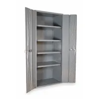 Stationary welded steel cabinet with gray powder-coated finish, 14 ga panel thickness, and frame base. Includes four adjustable shelves and a swing handle with padlock hasp for secure storage. Suitable for organizing tools, parts, and supplies in maintenance shops, warehouses, and manufacturing facilities