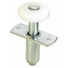 This hanging door guide is used to stabilize and align sliding or bypass doors in industrial and commercial settings. It has a length of 1-7/8 inches, a width of 3-3/4 inches, and supports doors up to 30 lb. Sold as a set of 1 pair.