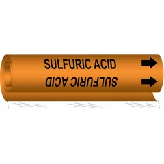 Wrap-around pipe marker for identifying pipes carrying sulfuric acid. Orange background with black legend and directional arrows. Fits pipe outer diameters from 2-1/2 to 7-7/8 inches. Supplied as a single marker.