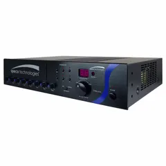 This 1-channel audio amplifier operates on 115V AC and provides 25V/70V output. It features three XLR inputs and one RCA output, and includes an IR remote control. Suitable for commercial paging and background music systems in settings such as schools, retail spaces, and offices.