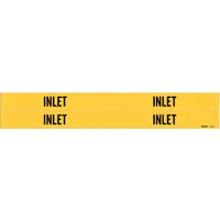 Yellow adhesive pipe markers with black legend reading 'Inlet', designed for pipe outer diameters from 3/4 to 2-3/8 inches. Each pack contains 4 markers without arrows, suitable for identifying inlet piping in industrial facilities