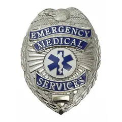 This metallic badge is intended for identification purposes in emergency medical services. It measures 3/4 inch, features a silver finish, and is constructed from metal. The badge attaches via a pin and safety catch.