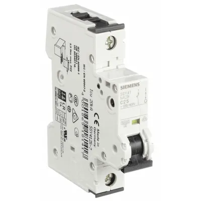 Siemens Supplementary Protector: 25 A Amps, 72V DC, 10kA at 230/400V AC, Screw Clamp - C-Curve, 1-Pole UL1077 DIN Rail-Mount Supplementary Protectors