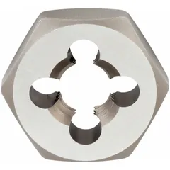 Self-aligning hex rethreading die made of carbon steel, designed for cleaning or restoring damaged 1"-8 UNC threads. Hex width is 1 13/16 in. Commonly used in maintenance and repair operations on bolts, studs, or pipes where accurate thread restoration is required.