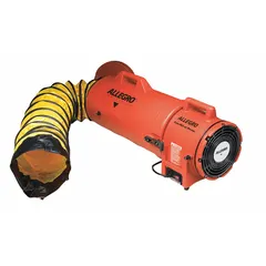 Axial blower and ducting combination unit for ventilating confined spaces. Features an 8 in duct diameter, 1/3 hp motor, and dual voltage operation (120/240 V AC). Includes a duct storage bag. Color: Black/Orange/Yellow.