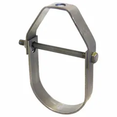 Zinc-plated steel clevis hanger for suspending 3 1/2 in pipe from 1/2 in threaded rod. Non-cushioned design with a load capacity of 1,350 lb. Used in industrial piping systems for supporting and aligning pipe runs.