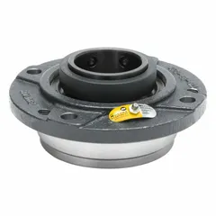 This flange-mount spherical roller bearing has a 3 11/16 in cylindrical bore and a cast iron, not-split housing. It uses set screw locking and is pre-lubricated with LC-2 Lithium Complex Grease. Mounting bolt size is 3/4 in. Typical applications include conveyors, fans, and material handling equipment where heavy radial and moderate axial loads are present.