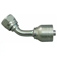 Steel 45° elbow hydraulic crimp fitting for -10 dash size hose. Female metric thread M26-1.5 on one end, crimp connection on the other. Used in fluid power systems to connect metric-threaded ports to hose assemblies