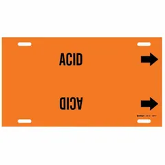 Snap-on pipe marker for identifying pipes carrying acid. Orange background with black legend and directional arrows. Fits pipe outer diameters from 6 to 7-7/8 inches. Used in industrial facilities for hazard communication and flow direction indication.