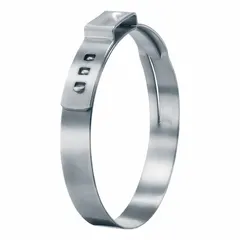 This constant-tension single-ear clamp features a tongue-in-groove band type and is made from 304 stainless steel. It has a clamping diameter range of 33/64 in to 5/8 in and a maximum closing force of 2,102 N. Suitable for securing hoses and tubes in fluid-handling systems where thermal expansion and vibration occur.