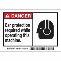Adhesive-mounted polyester danger sign requiring ear protection during machine operation. Nominal size 3 1/2 in x 5 in, 0.01 in thick. Not retroreflective, not glow-in-the-dark, no anti-slip surface. Supplied in a 5-pack for placement on machines or walls in industrial areas