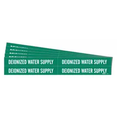 Green adhesive pipe marker with white legend reading 'Deionized Water Supply'. Fits pipe outer diameters from 3/4 to 2-3/8 inches. Sold in a 5-pack without arrows. Used to identify deionized water supply lines in industrial piping systems.