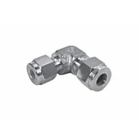 This HAM-LET compression fitting elbow is a double-ferrule stainless steel fitting with 10 mm OD x 1/4 in OD tube sizes, configured as Compression x Compression. It is compatible with Swagelok fitting brands. Used to connect two tubes at a 90-degree angle in instrumentation, hydraulic, and process systems