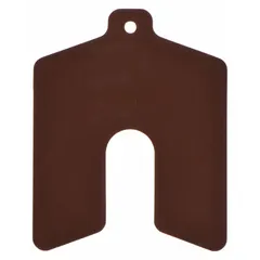 Untabbed slotted shim made of brown vinyl, 0.01" thick, 2" length and width, Trade Size A. Sold in a pack of 20. Thickness tolerance ±0.001", length and width tolerance ±0.030". Used for gap filling and alignment adjustment in machinery assemblies such as motor mounts, gearboxes, or pump bases.