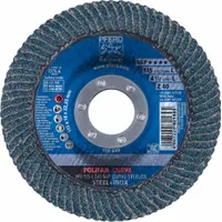 This 4-1/2" x 7/8" flap disc from the Z SGP CURVE series uses 40-grit zirconia alumina on a high-density fiberglass backing. It is designed for grinding and blending on carbon and stainless steel surfaces