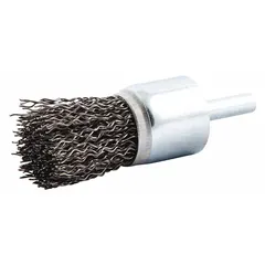 This end brush features a crimped steel fill with a 1 in diameter and 0.008 in fill diameter, mounted on a 1/4 in shank. It is intended for light cleaning, deburring, and surface finishing on carbon steel workpieces in metal fabrication and maintenance tasks.