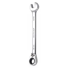 Alloy steel construction with a chrome finish. Features a 12 mm 12-point ratcheting box end and an open end, with an offset design for improved access. Overall length of 6 3/4 inches. Suitable for tightening and loosening fasteners in maintenance and repair tasks.