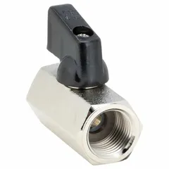 This mini brass ball valve features a nickel-plated brass straight body with 3/8 in FNPT female threaded ends and a wedge handle. It is a manual two-way valve used to start, stop, or redirect flow in piping systems. Suitable for applications such as compressed air, water, and oil circuits in industrial settings.
